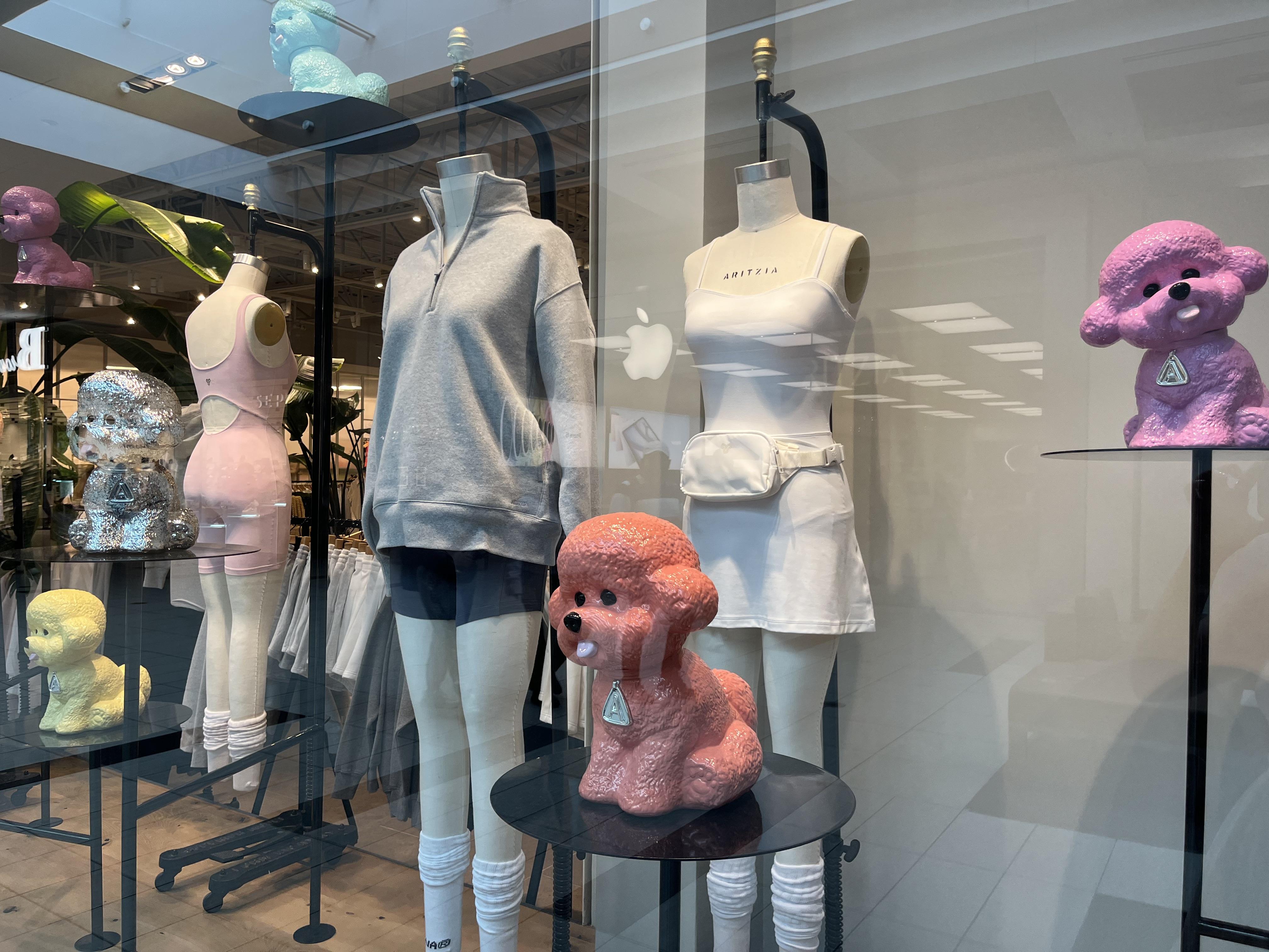 Aritzia storefront window display featuring ceramic Bichon Frise dog sculptures