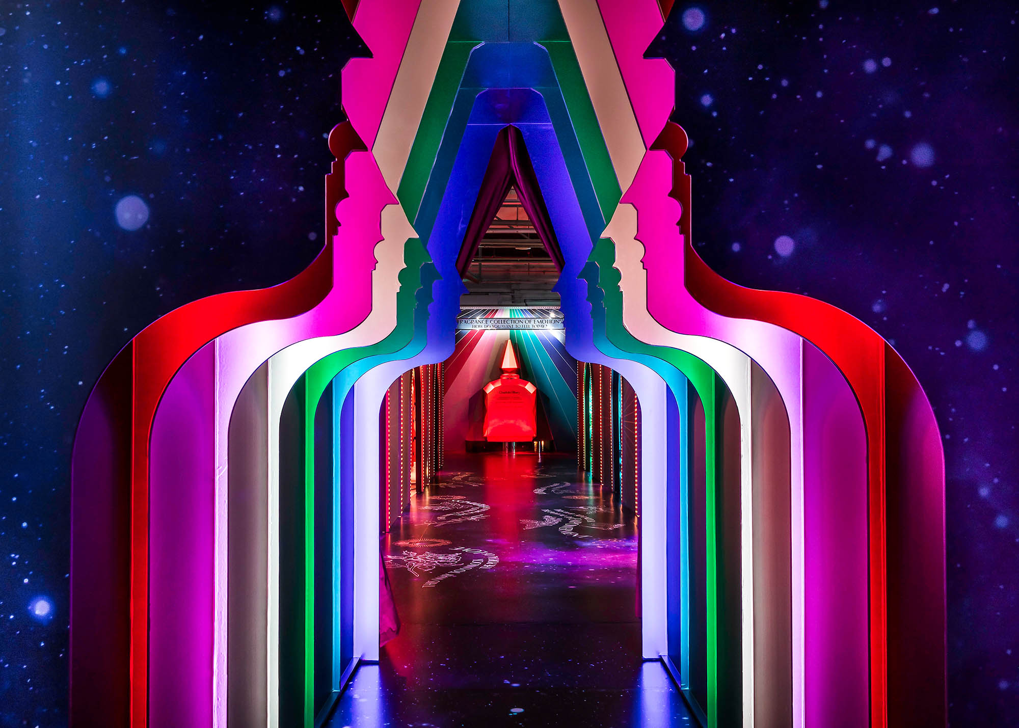 Charlotte Tilbury Future of Fragrance immersive pop-up entrance with theatrical design