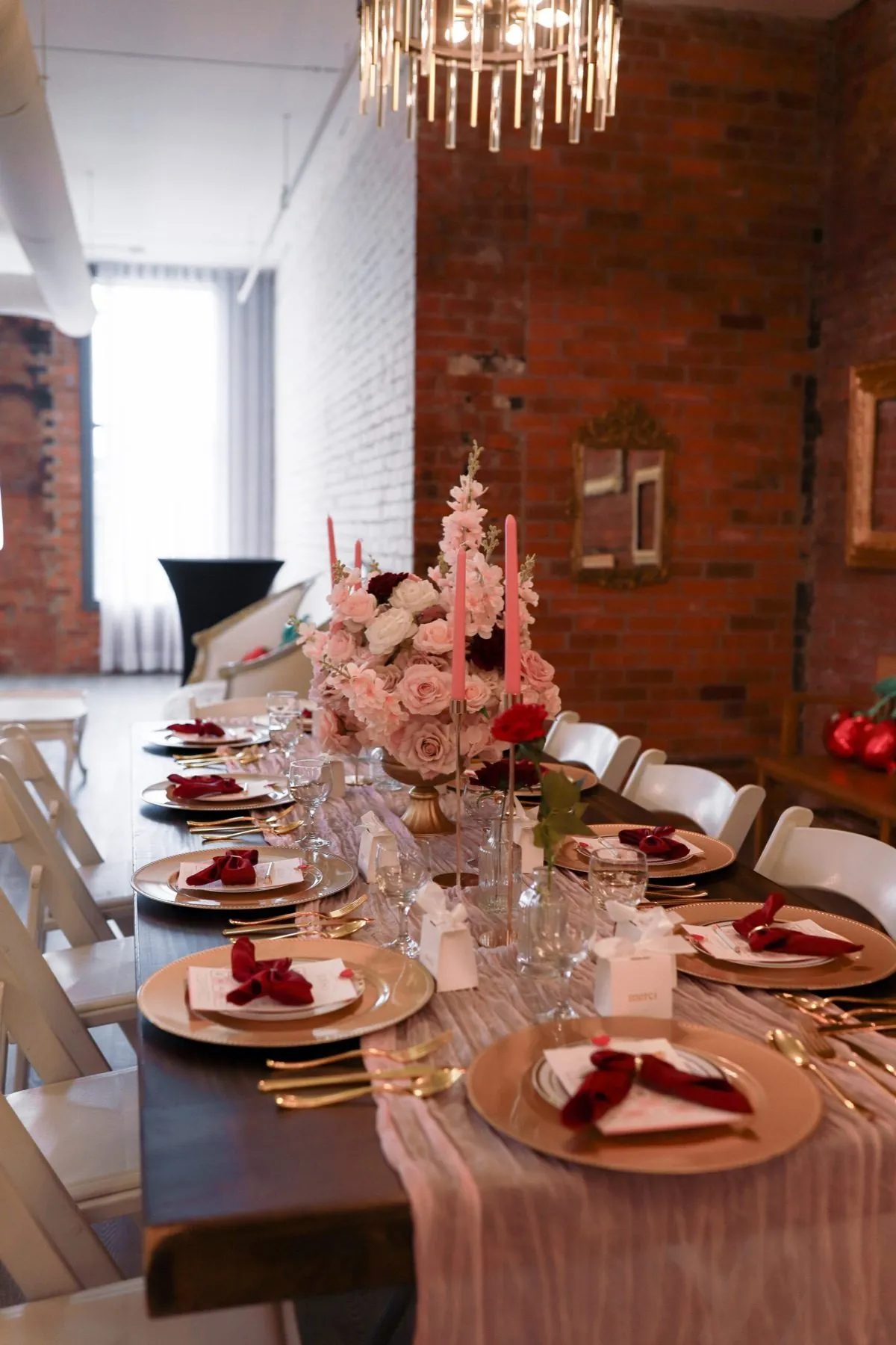 Long-table setting for the Ma Ch&eacute;rie bridal shower at Venue 308, immersive event design by KINN Studios Calgary