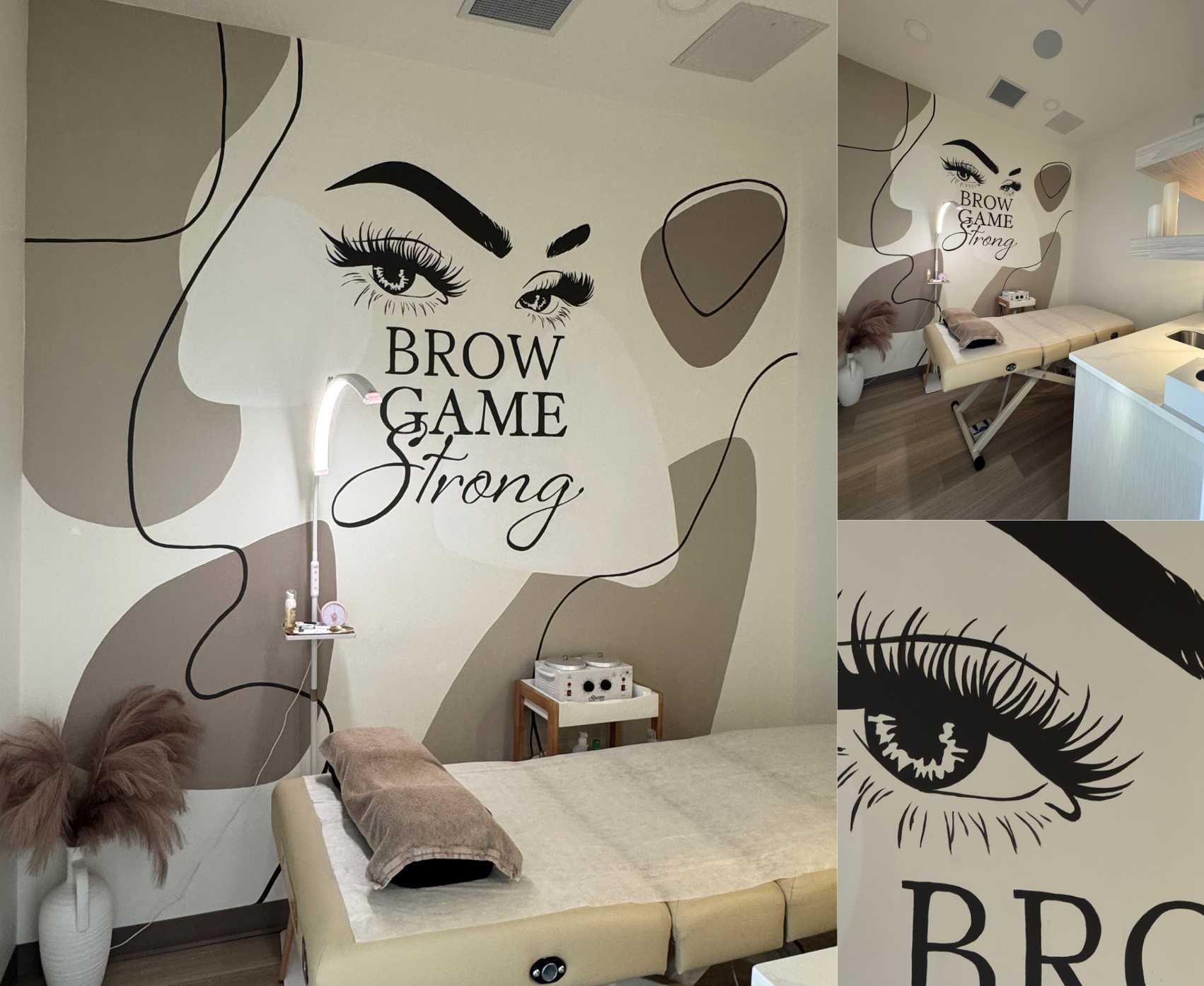 Brow Game Strong mural by KINN Studios, beauty salon interior art Calgary