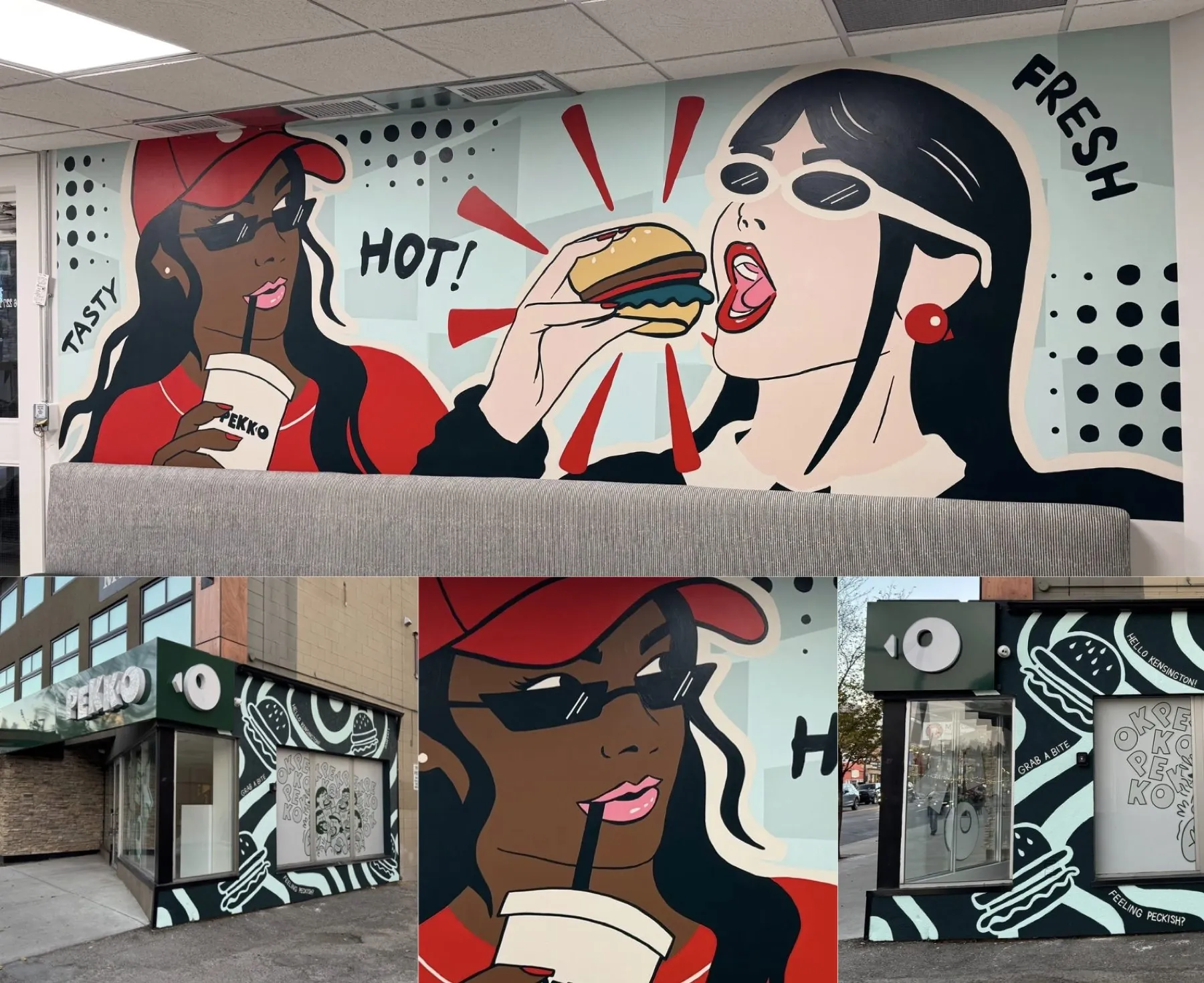 Pekko restaurant pop art murals, interior and exterior, by KINN Studios Calgary